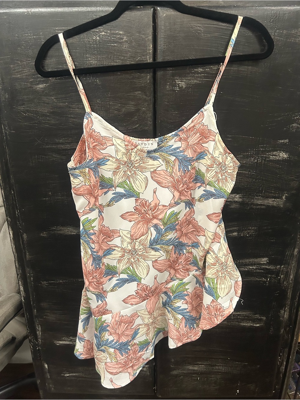 Floral Spaghetti-Strap Cami in White with Pink & Blue Blooms